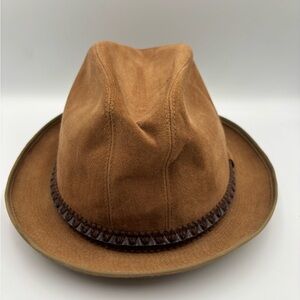 Vintage Stevens Fedora Brown Suede Size 6-7/8 Leather Band Creased Crown
